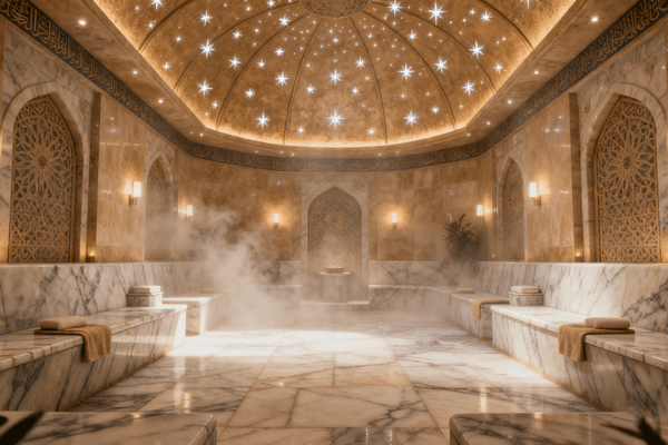 ancient hammam bath ritual, showing marble room and steam ambiance