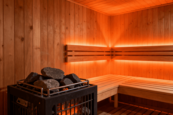 What is a sauna and how it works, modern wooden sauna interior with glowing heater