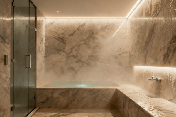 What is a steam room and how it works, sleek tiled steam room with bench and vapor