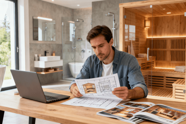 Key considerations before choosing sauna or steam room, checklist style image in wellness setting