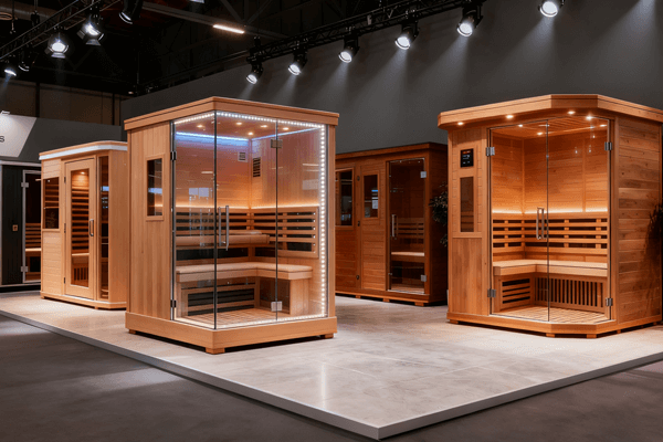 Buy Sauna storefront with high-quality outdoor saunas, showroom display scene