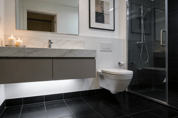 Easy maintenance cleaning and maintaining floating vanity under cabinet area