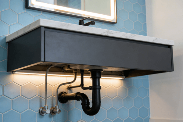 Plumbing access floating vanity plumbing access and maintenance layout