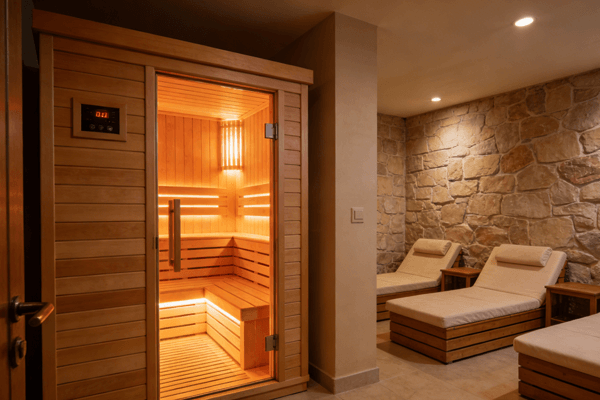 Guest wellness Hotel guest using infrared sauna in wellness spa