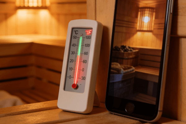 Is Phone Safe illustration questioning phone safety inside a sauna environment