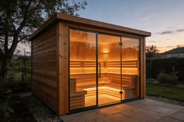Outdoor infrared sauna in a modern backyard setting