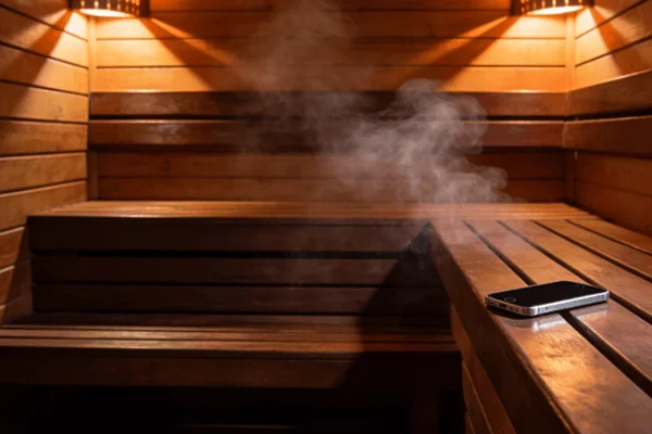 phone inside a modern sauna showing potential heat and steam exposure risks