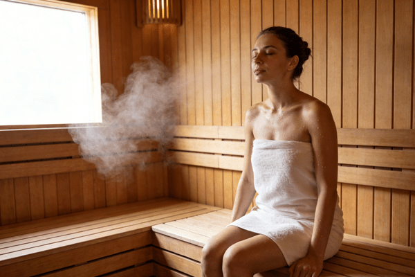 person lightly sweating in a modern sauna room