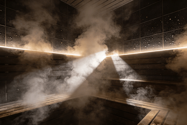 Wet sauna Wet sauna steam room with high humidity and tiled walls